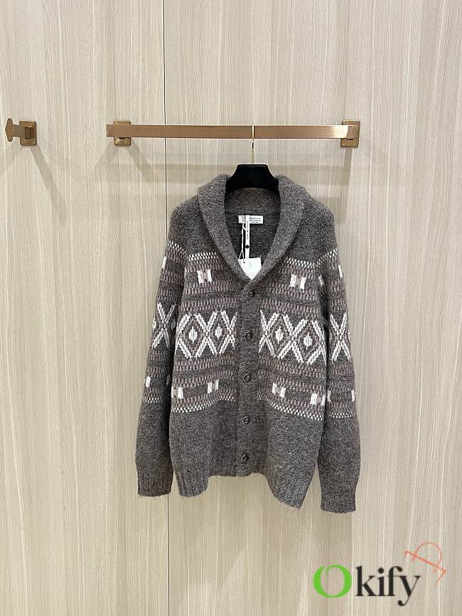 Okify Brunello Cucinelli Shawl Collar Geometric Jacquard Knit Cardigan Sweater - 1