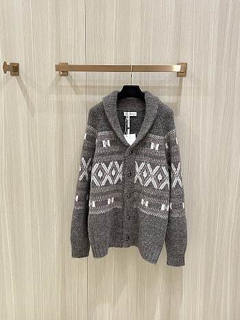 Okify Brunello Cucinelli Shawl Collar Geometric Jacquard Knit Cardigan Sweater