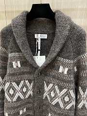 Okify Brunello Cucinelli Shawl Collar Geometric Jacquard Knit Cardigan Sweater - 2