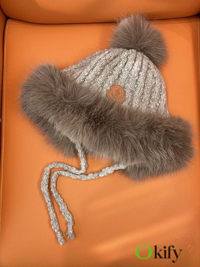 Okify Moncler Light Brown Plush Hat With Ear Flaps And Pom-poms Beanie - 1