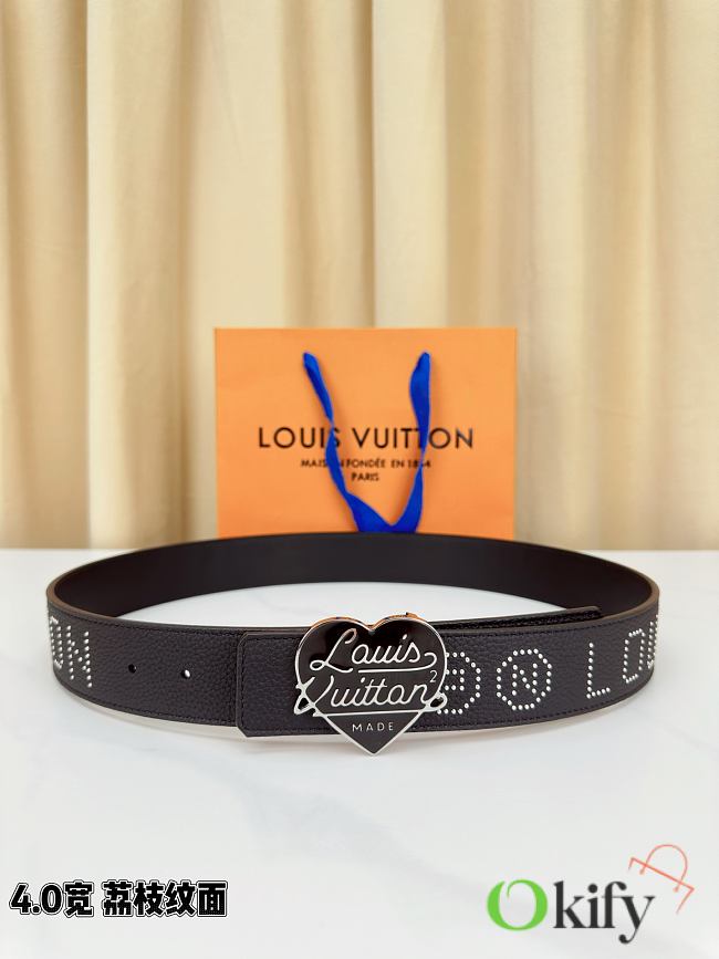 Okify Louis Vuitton Heart Buckle Black Belt 4cm - 1