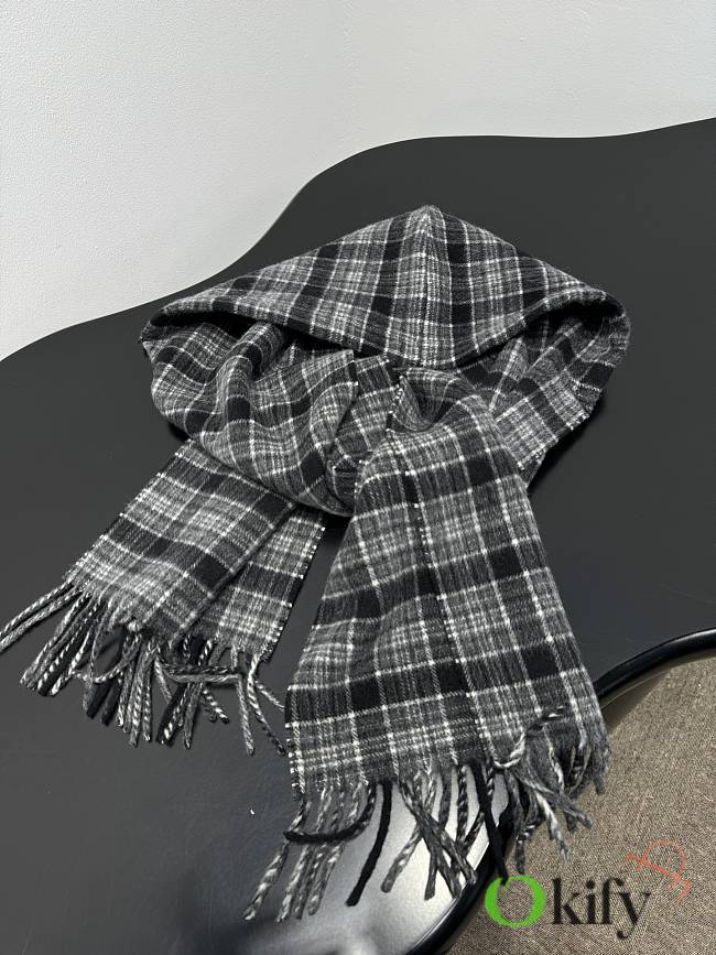 Okify Balenciaga Grey Checkered Wool Hooded Scarf 126x34cm - 1