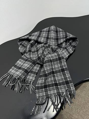 Okify Balenciaga Grey Checkered Wool Hooded Scarf 126x34cm