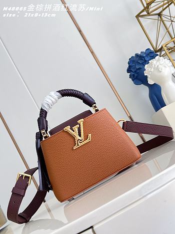 Okify Louis Vuitton Capucines Mini Bag Golden Brown Burgundy Handle 21x13x8cm