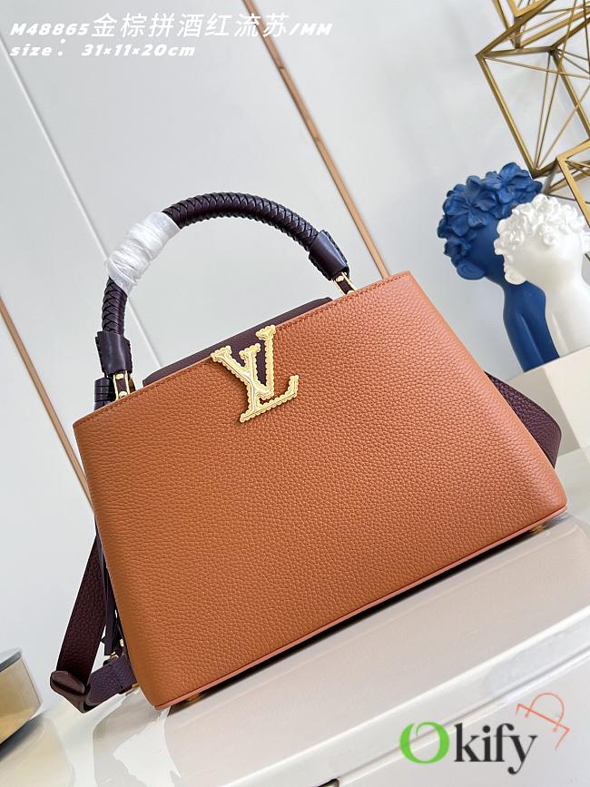 Okify Louis Vuitton Capucines MM Bag Golden Brown Burgundy Handle 31x20x11cm  - 1
