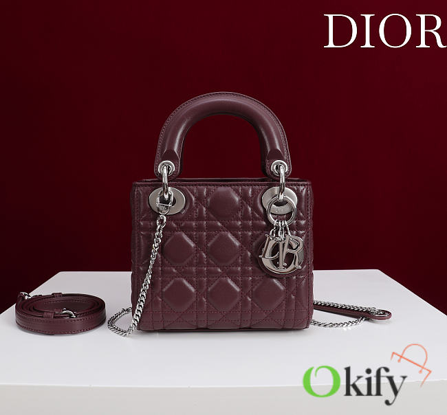 Okify Dior Lady Bag Dark Red Lambskin Velvet Silver Hardware 17x15x7cm - 1