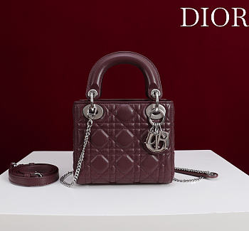 Okify Dior Lady Bag Dark Red Lambskin Velvet Silver Hardware 17x15x7cm