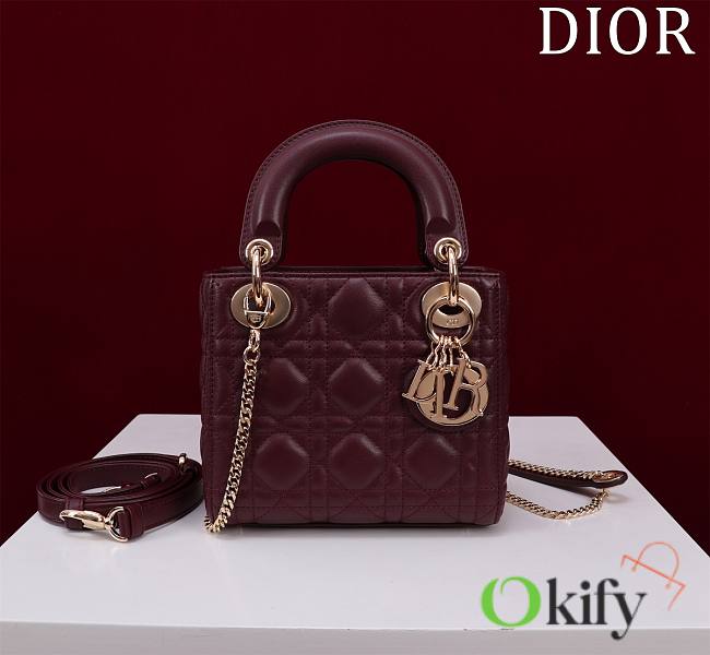 Okify Dior Lady Bag Dark Red Lambskin Velvet Gold Hardware 17x15x7cm - 1
