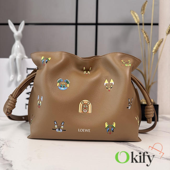 Okify Loewe Medium Flamenco Cats Clutch Bag Brown 30x24.5x10.5cm - 1