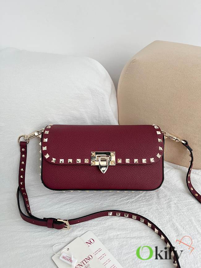 Okify Valentino Garavani Rockstud Bag Red Burgundy Grained Calfskin 24x12x6cm - 1