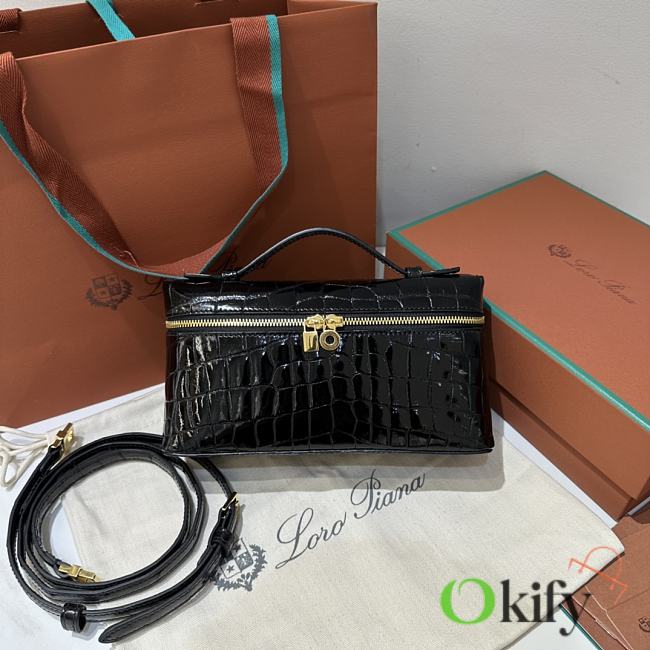 Okify Loro Piana Extra Pocket L19 Bag Black Crocodile Patent Gold Hardware 19x12x7cm - 1