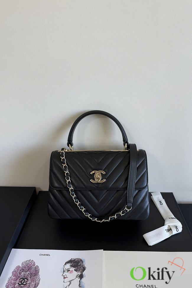 Okify CC Chevron Top Handle Bag In Black Lambskin 25cm - 1