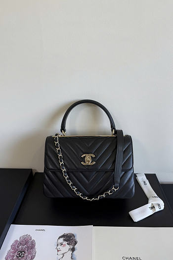 Okify CC Chevron Top Handle Bag In Black Lambskin 25cm