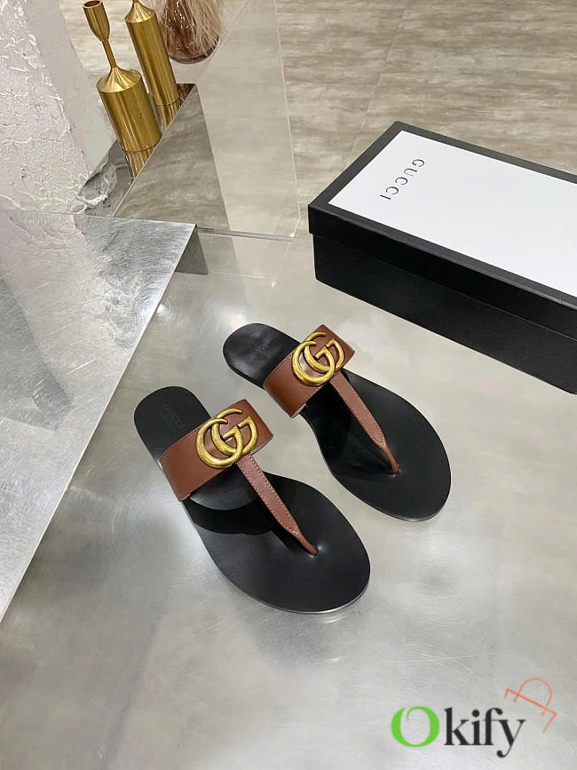 Okify Gucci Black Women Slides With Brown T-strap - 1