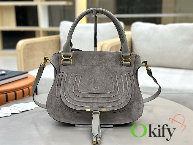Okify Chloe Marcie Saddle Large Bag Gray Suede 36x28x12cm - 1