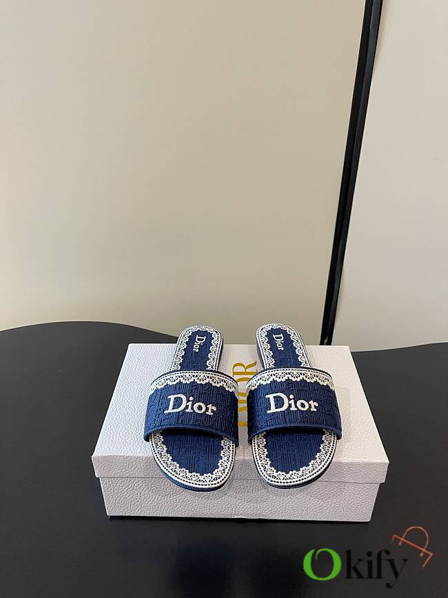Okify Dior Dark Blue Lace Embroidery Slides - 1