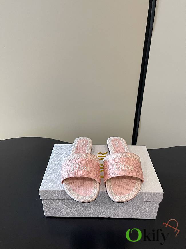 Okify Dior Pink Lace Embroidery Slides - 1