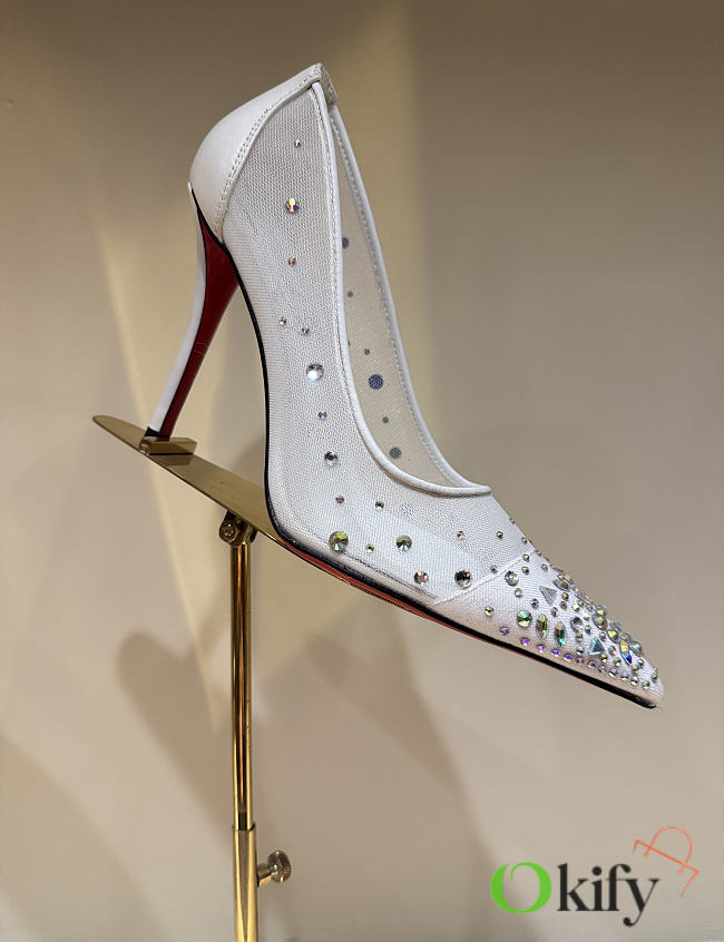 Okify Christian Louboutin White Mesh Crystal High Heels 10.5cm - 1