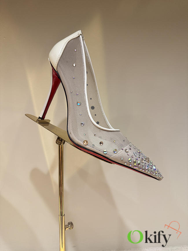 Okify Christian Louboutin Cream White Mesh Crystal High Heels 10.5cm - 1