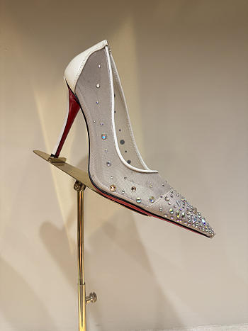 Okify Christian Louboutin Cream White Mesh Crystal High Heels 10.5cm