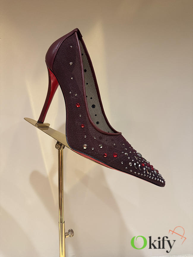 Okify Christian Louboutin Red Burgundy Mesh Crystal High Heels 10.5cm - 1