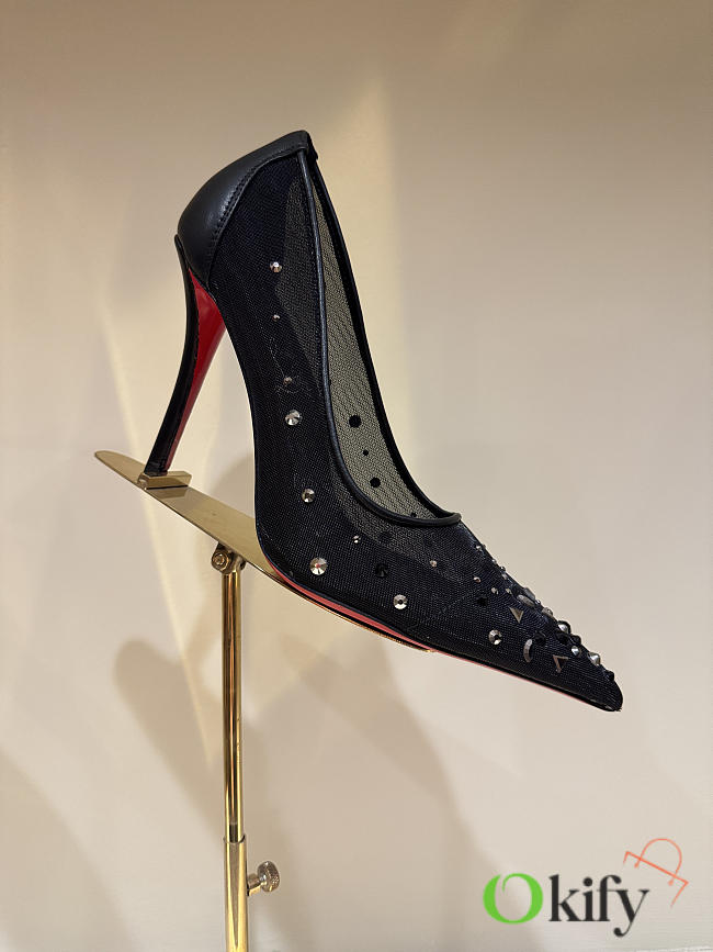 Okify Christian Louboutin Black Mesh Crystal High Heels 10.5cm - 1
