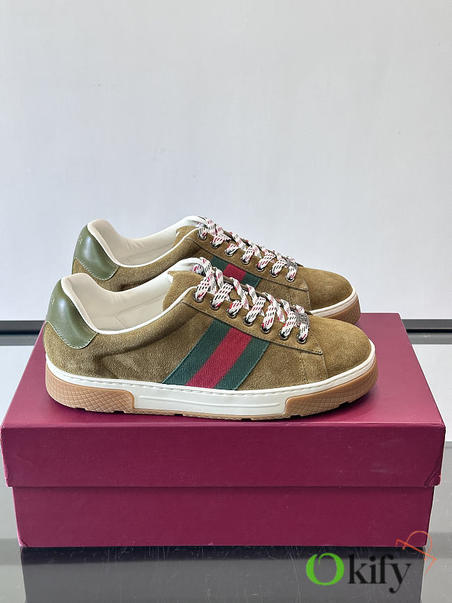 Okify Gucci Brown Olive Suede Retro Men Sneakers - 1