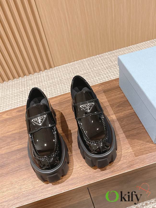 Okify Prada Black Patent Leather Thick Sole Women Loafers - 1