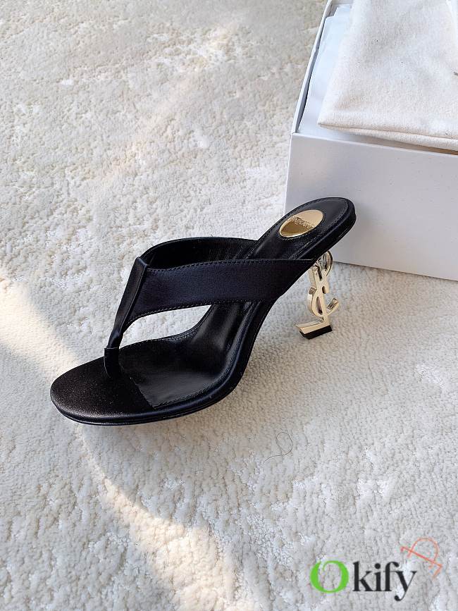Okify YSL Black Satin Heeled Thong Mule Sandals - 1