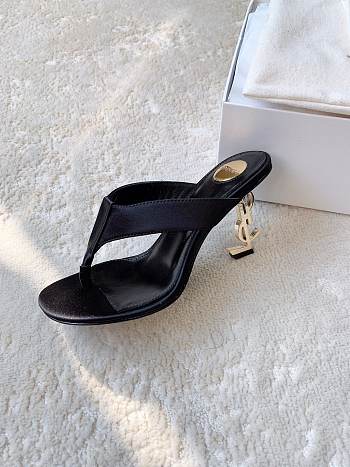 Okify YSL Black Satin Heeled Thong Mule Sandals