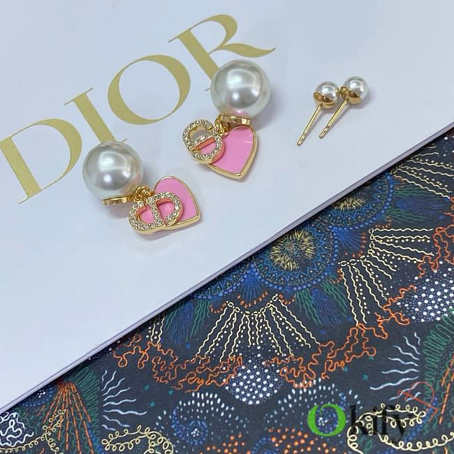 Okify Dior Gold Earrings With Pink Heart And Diamond - 1