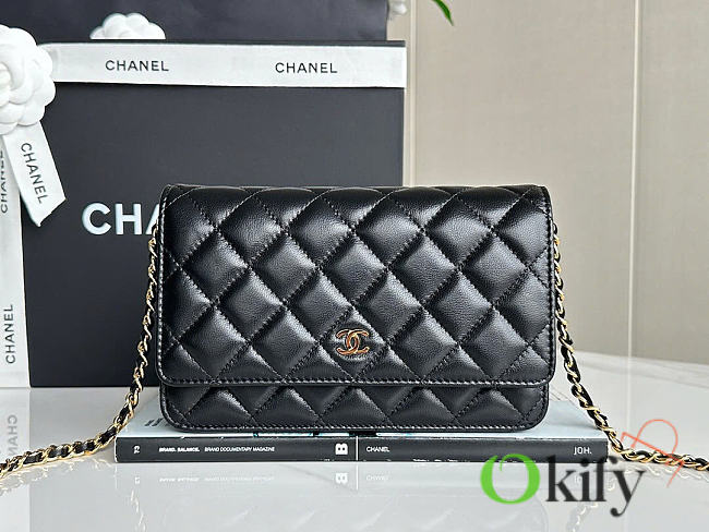 Okify CC Wallet On Chain Bag Black Lambskin Gold Hardware 19.5x13x3.5cm - 1