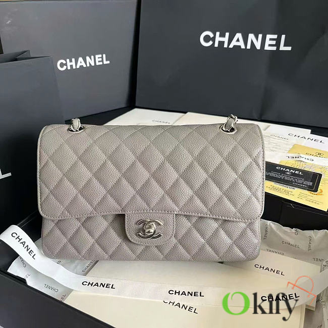 Okify CC Classic Flap Bag Gray Caviar Silver Hardware 25cm - 1