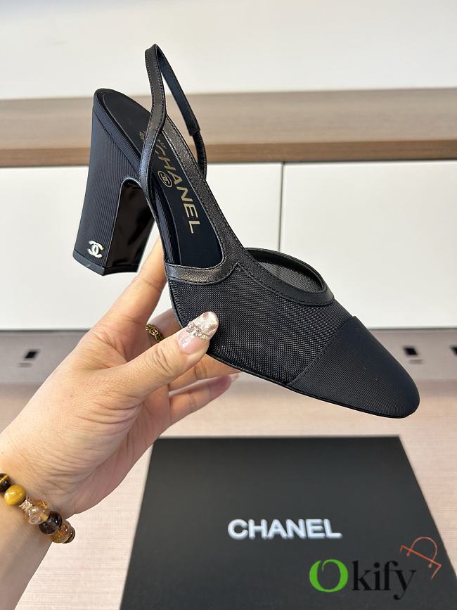 Okify CC Black Mesh Slingback Pumps With Block Heel 9cm - 1