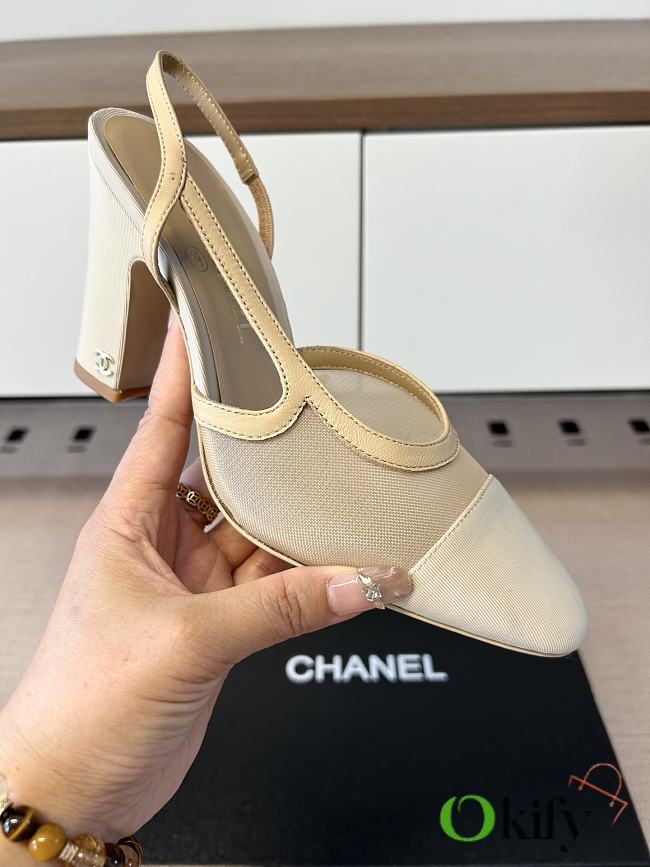 Okify CC Nude Mesh Slingback Pumps With Block Heel 9cm - 1