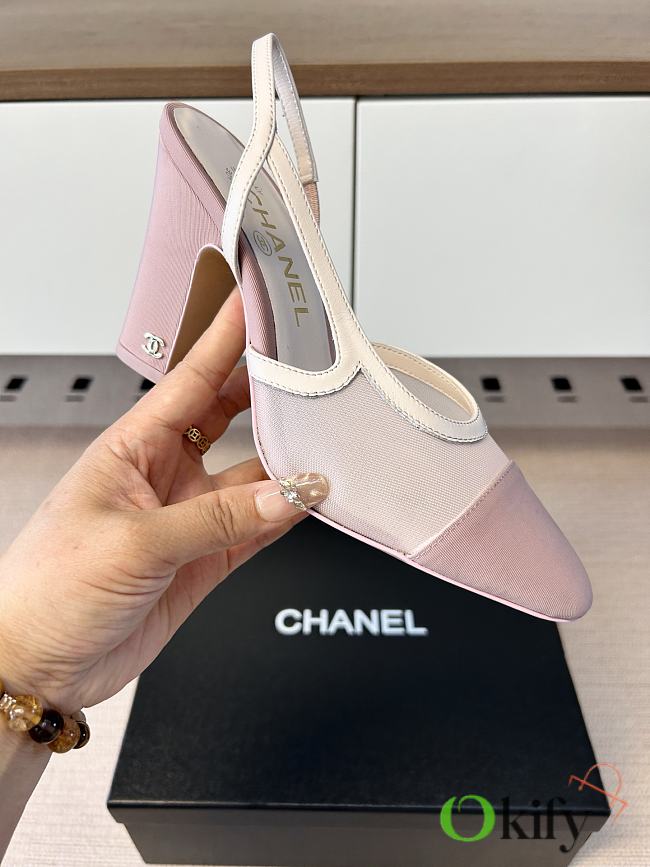Okify CC Pink Mesh Slingback Pumps With Block Heel 9cm - 1