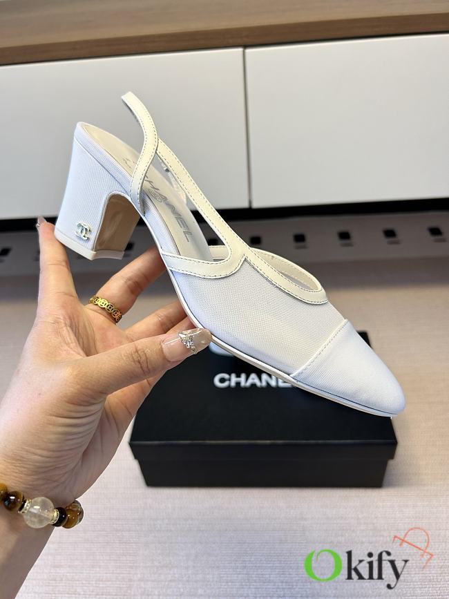 Okify CC White Mesh Slingback Pumps With Block Heel 5.5cm - 1