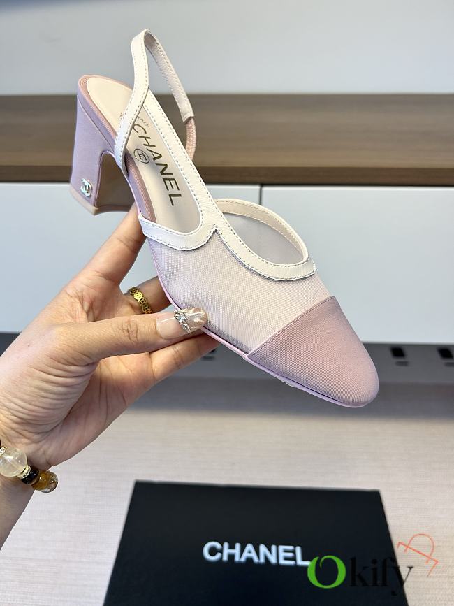 Okify CC Pink Mesh Slingback Pumps With Block Heel 5.5cm - 1