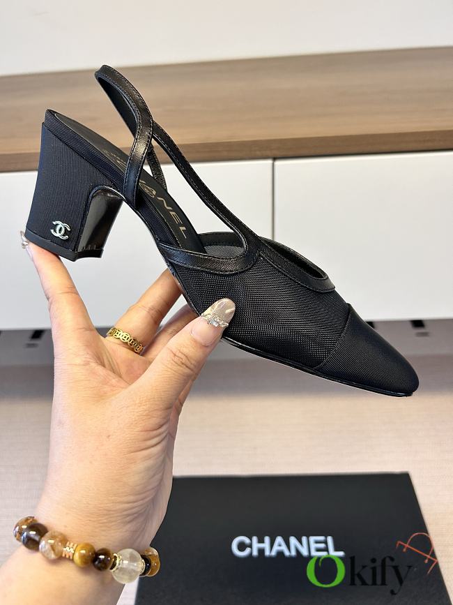 Okify CC Black Mesh Slingback Pumps With Block Heel 5.5cm - 1