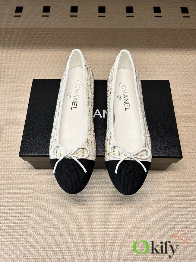 Okify CC White Tweed Ballet Shoes - 1