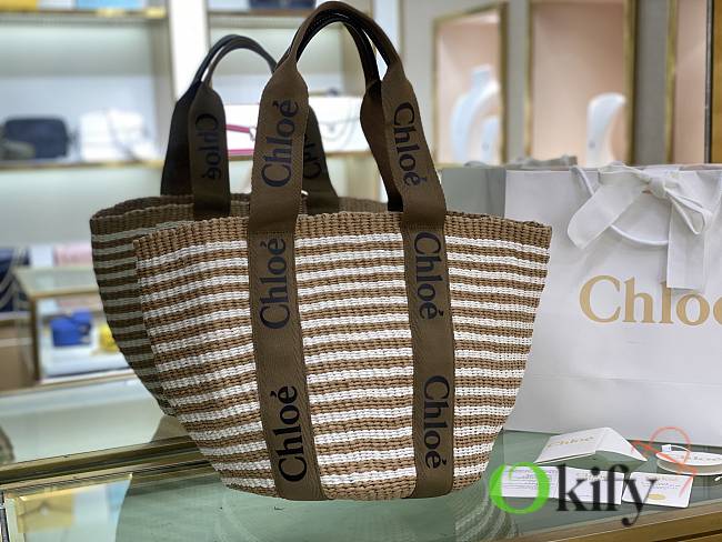 Okify Chloe Woody Large Basket Bag Brown Stripe 48x28x28cm - 1