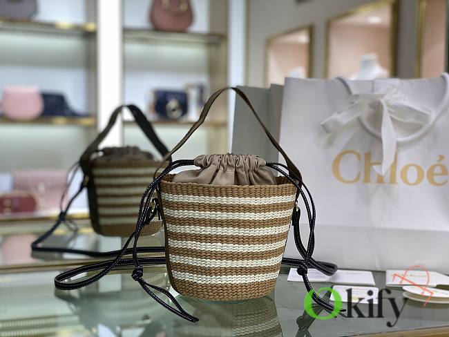 Okify Chloe Woody Small Basket Bag Brown Stripe 17x16x16cm - 1