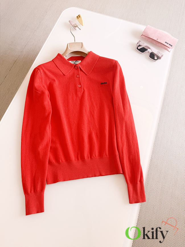 Okify MiuMiu 26S Red Intarsia Collar Knit Polo Shirt - 1