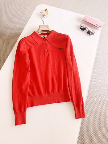 Okify MiuMiu 26S Red Intarsia Collar Knit Polo Shirt