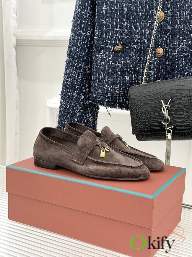 Okify Loro Piana Dark Brown Suede Loafers With Gold Hardware  - 1