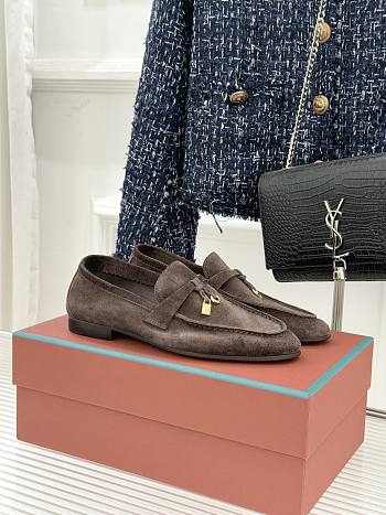 Okify Loro Piana Dark Brown Suede Loafers With Gold Hardware 