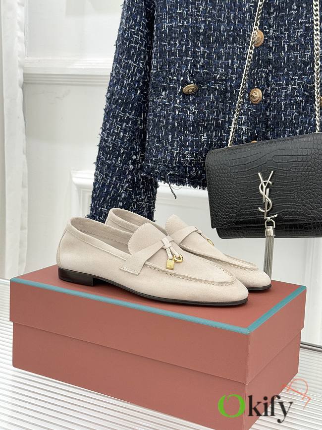 Okify Loro Piana White Suede Loafers With Gold Hardware  - 1