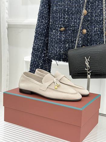 Okify Loro Piana White Suede Loafers With Gold Hardware 