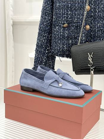 Okify Loro Piana Blue Suede Loafers With Gold Hardware 