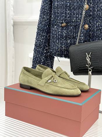 Okify Loro Piana Green Suede Loafers With Gold Hardware 
